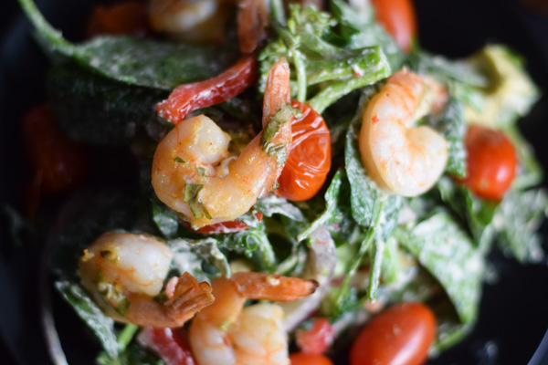 Broccoli and Arugula Salad with Harissa Shrimp