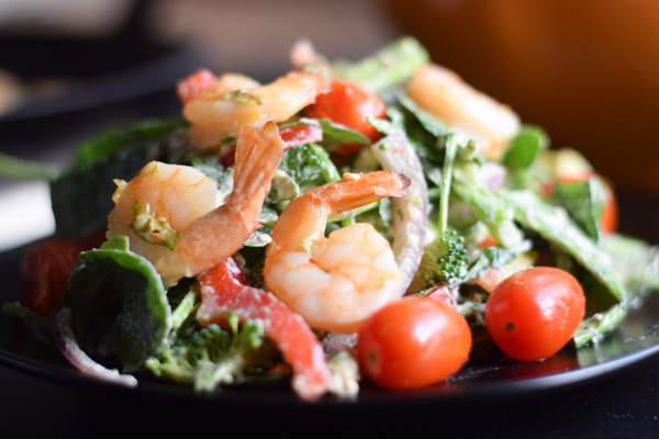 Broccoli and Arugula Salad with Harissa Shrimp