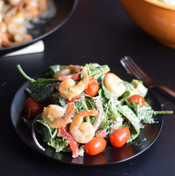 Broccoli and Arugula Salad with Harissa Shrimp