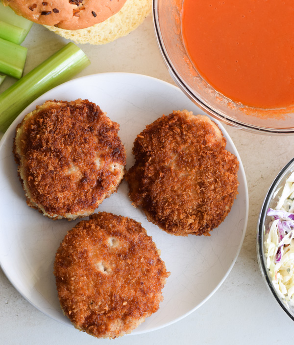 Buffalo chicken burgers with blue cheese slaw